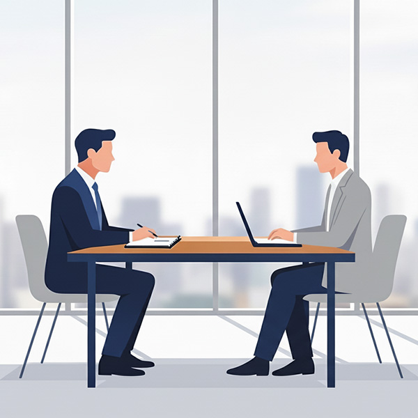 Perfekte Entscheidungsgrundlage: Beratung zum Immobilienverkauf mit Ziesche Immobilien 2 Menschen sitzen sich zum Beratungsgespräch gegenüber (Illustration)